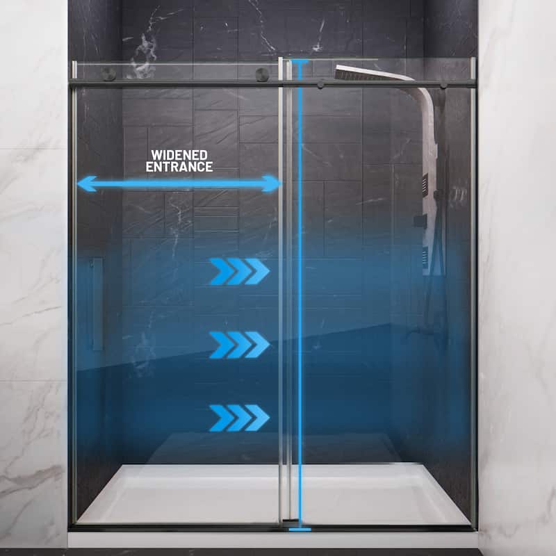 Mountain 60-inch Reversible Frameless Sliding Deco-Glass Shower Door with Soft-Close System