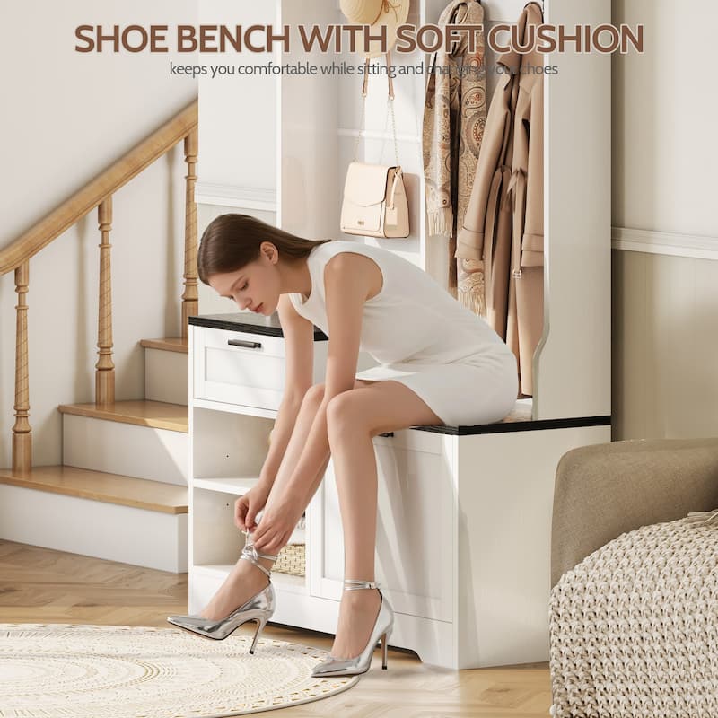 6 in 1 Hall Tree with Bench and Shoe Storage, Entryway Organizer with Flip Shoe Cabinet, Hooks and Drawer