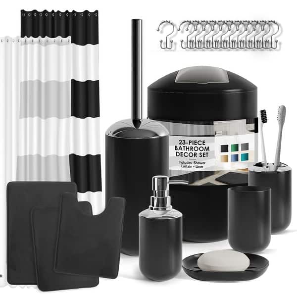 slide 2 of 70, Clara Clark 23 Piece Complete Bathroom Accessories Kit With Shower Curtain and Rug Set Black