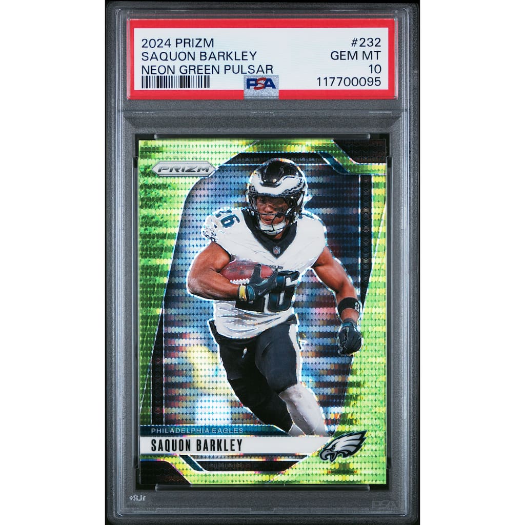Saquon Barkley 2024 Panini Prizm Neon Green Pulsar Football Card #232 Graded PSA 10 Cert # 117700095 - 8' x 11'