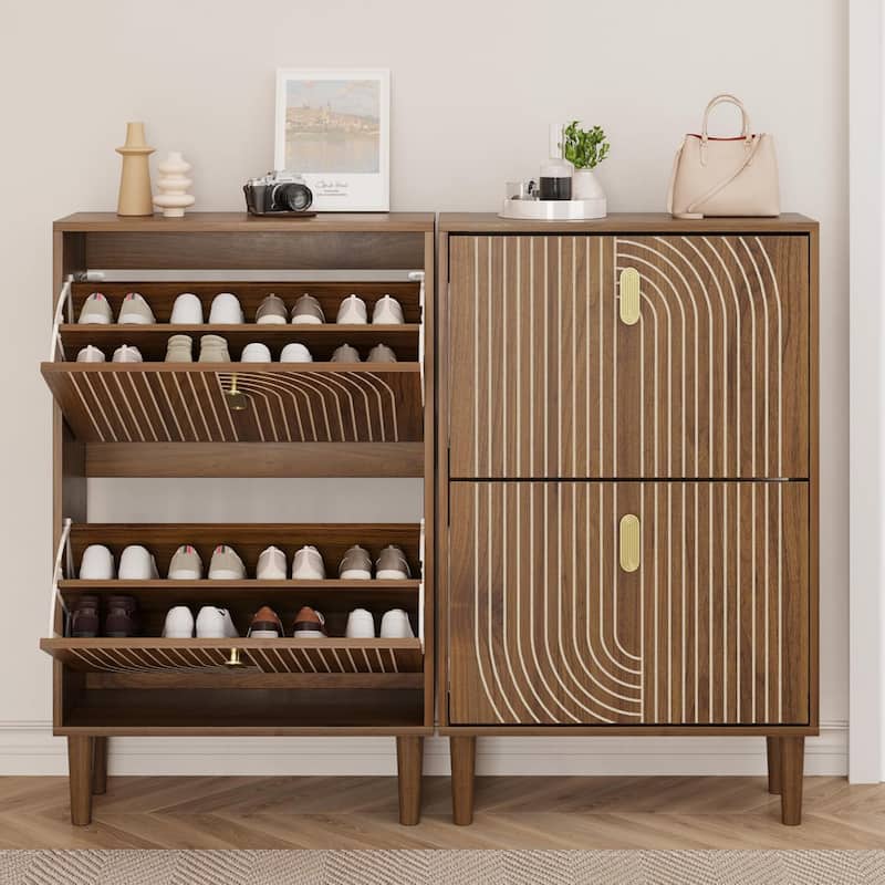 Freestanding Shoe Storage Cabinet with 2 Flip Drawers - Shoe Organizer with Metal Handles & Line Groove Design