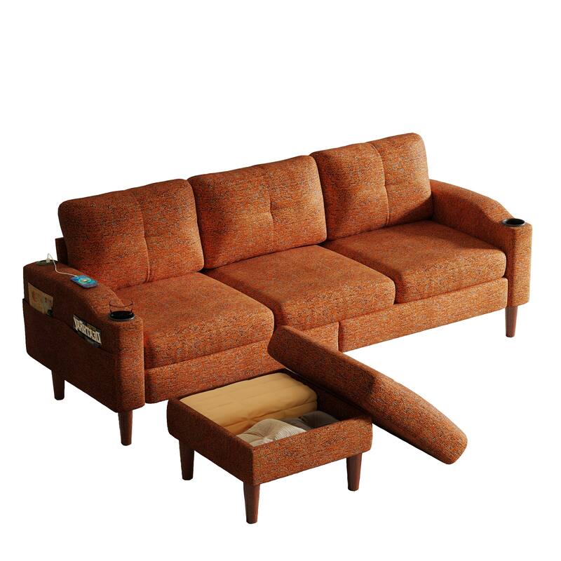 Orange 3-Seater Convertible L-Shaped Sofa with Footstools and Storage for Living Room