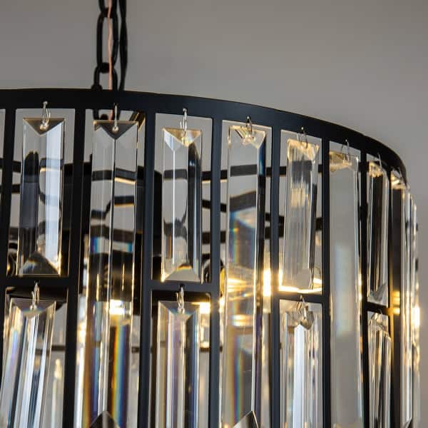 10-bulb drum brass chandelier with long crystal U-drop prisms - matt brass A