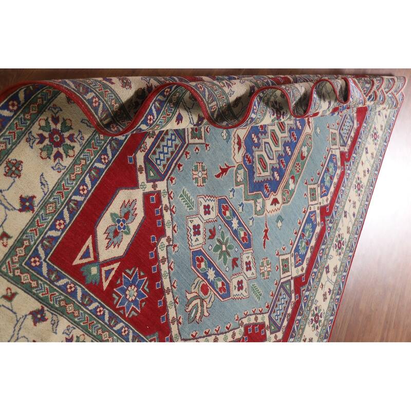 Hand Knotted Oriental 100% Wool Carpet Traditional Geometric Navy Blue & Blues Kazak Area Rug - 9' 7'' X 6' 10''