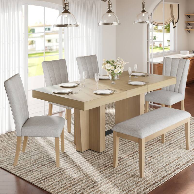 Farmhouse Extendable Wood Dining Table Set with Bench, 4 Upholstered Chairs and Trestle Legs, for Kitchen, Dining Room, Gray - Beige