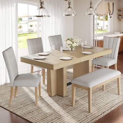 Roomfitters Farmhouse 78.1" Extendable Wood Dining Table Set for 6 with Bench and 4 Upholstered Chairs, Thick Trestle Top