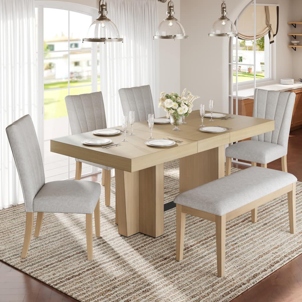 Roomfitters Farmhouse 78.1" Extendable Wood Dining Table Set for 6 with Bench and 4 Upholstered Chairs, Thick Trestle Top
