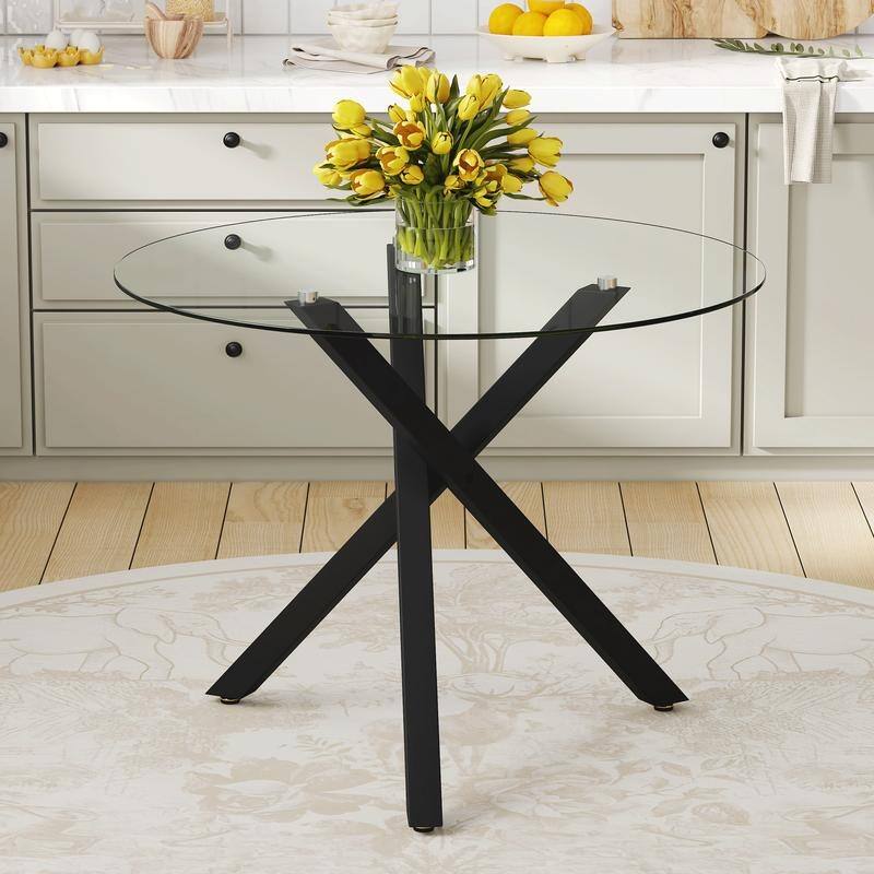 Modern 39" Round Glass Top Dining Table with X-Frame for Small Spaces