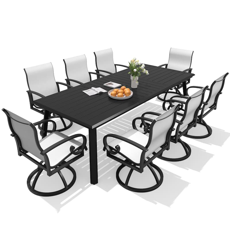 9PC Outdoor Patio Aluminum Dining Set Table with Sunbrella Swivel Dining Chairs Umbrella Hole - Table-Black&Chairs-AUGUSTINEOYSTER