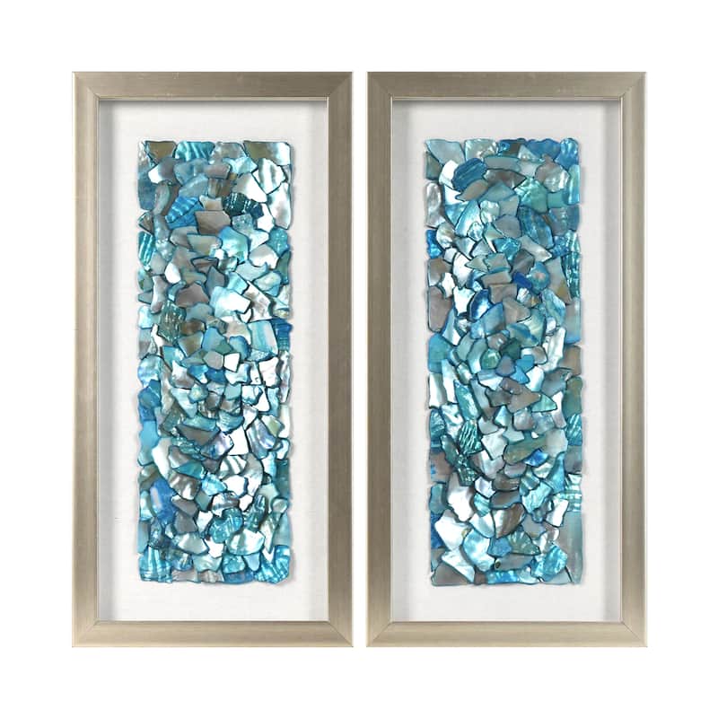 American Art Decor 2-Piece Coastal Seashell & Sea Glass Shadowbox Framed Wall Art Set - Aqua Teal Turquoise Rectangle Seashell