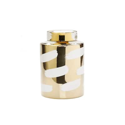 Gold Porcelain Jar With Cover White Brush Design