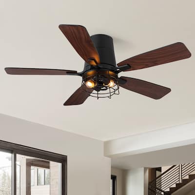 Modern Black Low Profile Small Caged Ceiling Fan with Light and Remote