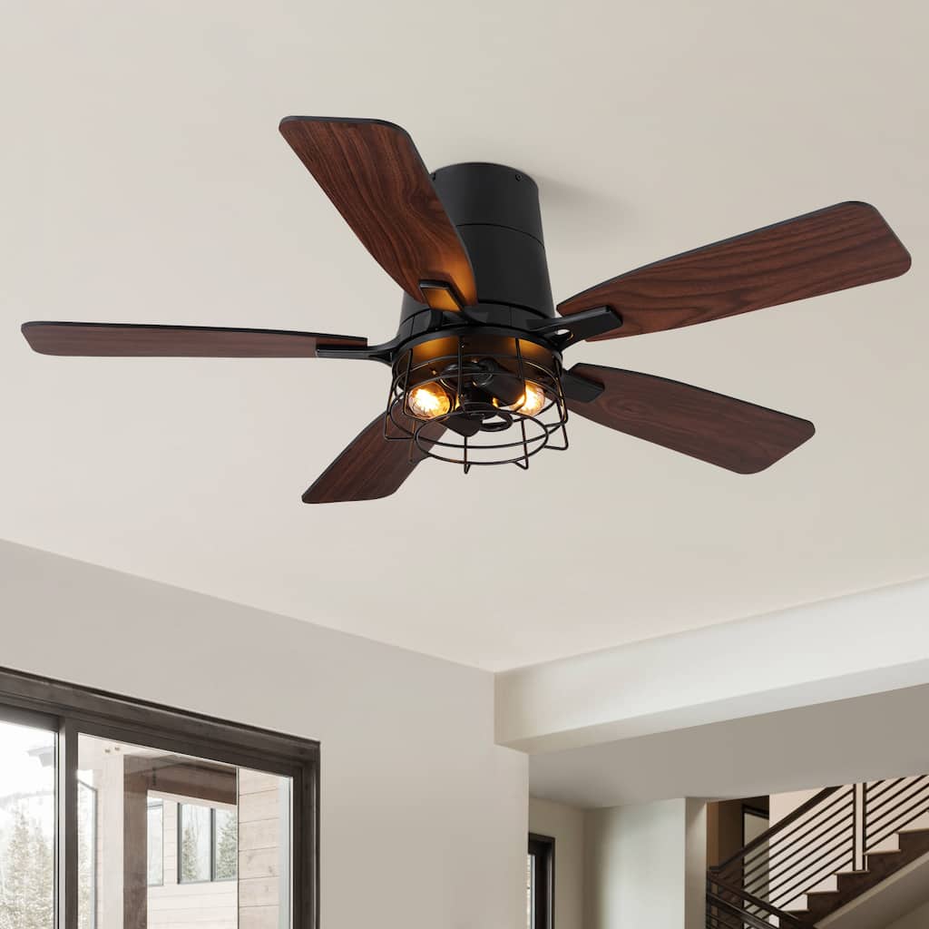Modern Black Low Profile Small Caged Ceiling Fan with Light and Remote