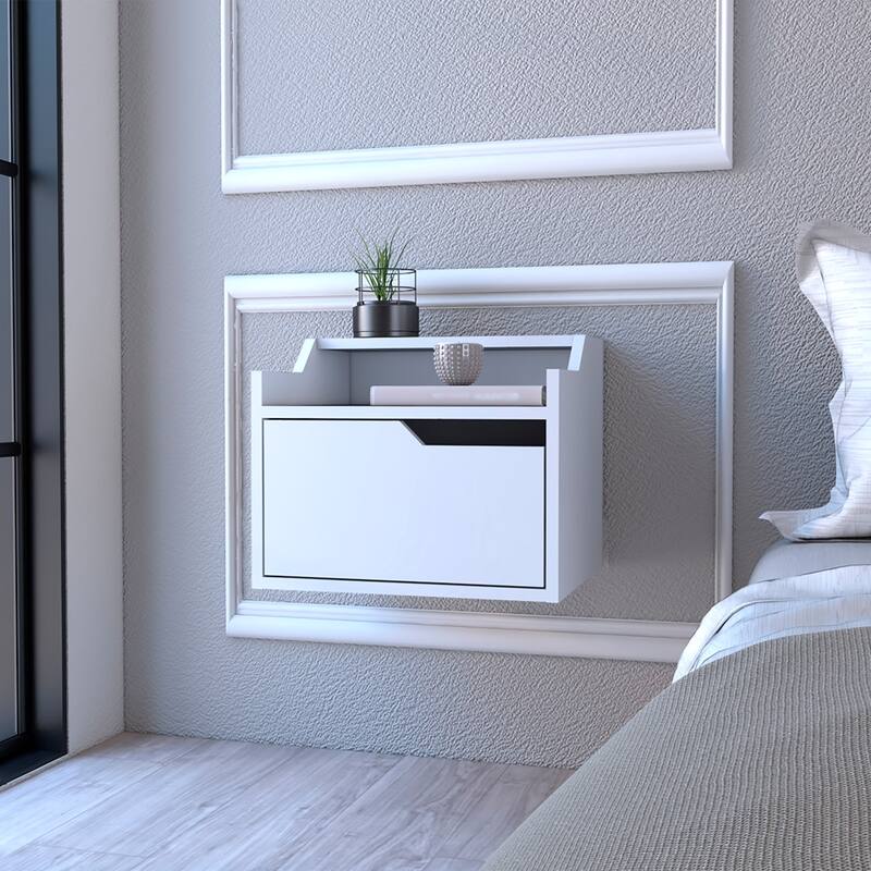 Floating White Nightstand with Spacious Drawer and Dual-Tier Surface