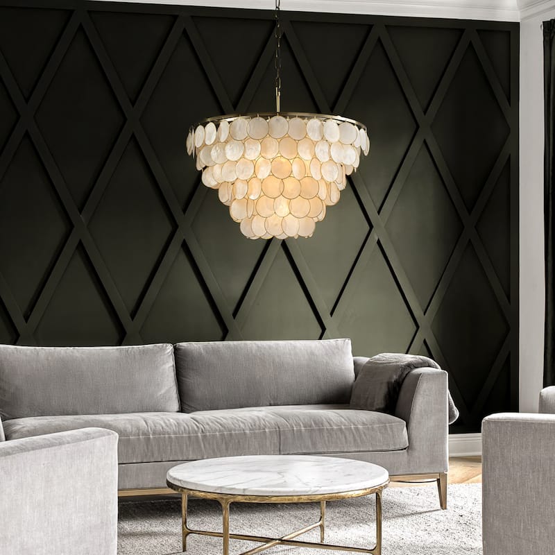 6-Light 24'' Wide Modern Coastal Aged Bronze Natural Capiz Shell Tiered Chandelier Vintage Glam Pendant For Living Room - W24''