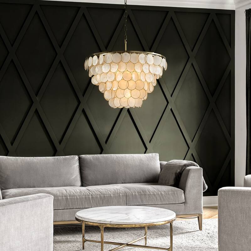 Wide Modern Coastal Aged Bronze Natural Capiz Shell Tiered Chandelier Vintage Glam Pendant For Living Room