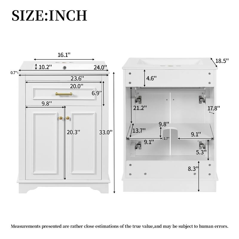 24" Bathroom Vanity with Integrated Ceramic Sink, Bathroom Cabinet with 2 Doors