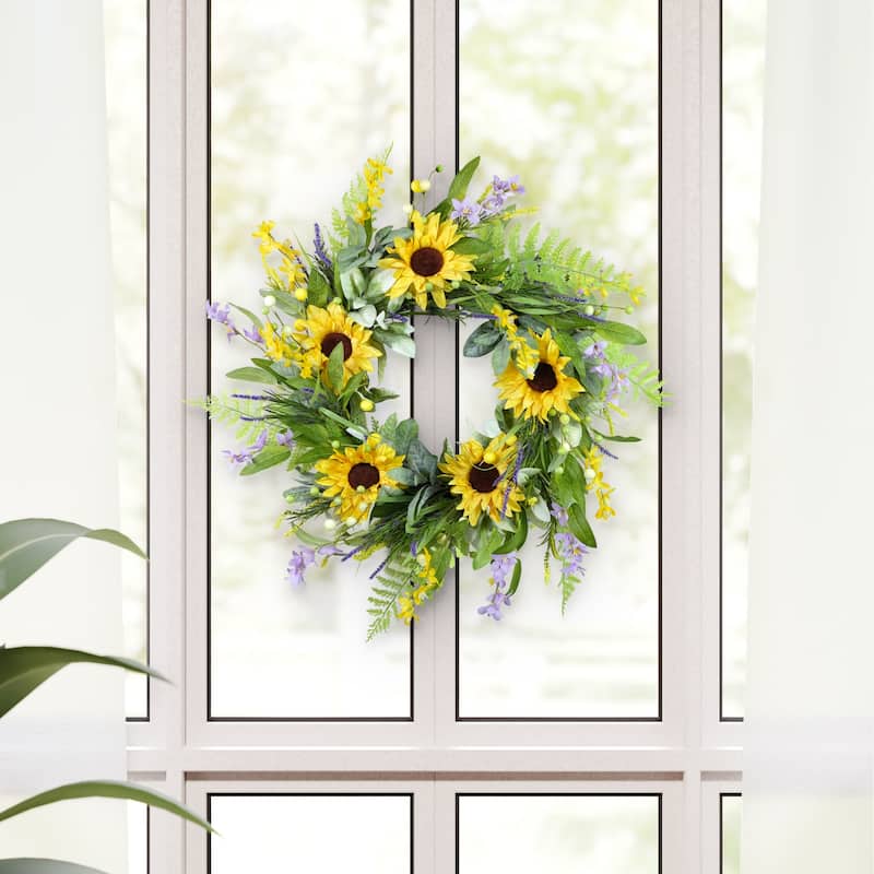Sunflower and Lavender Artificial Spring Floral Wreath - 26" - Yellow and Green