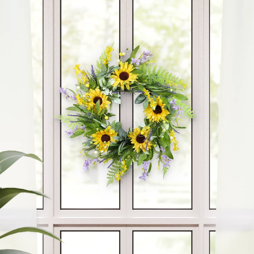 Sunflower and Lavender Artificial Spring Floral Wreath - 26" - Yellow and Green