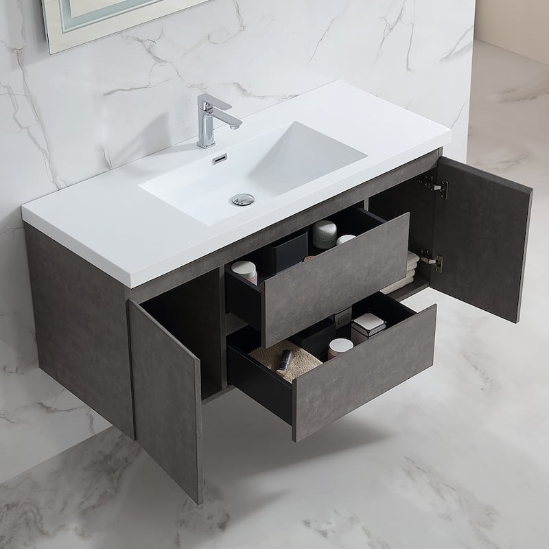 Floating Bathroom Vanity 24"-48" – Cement Gray Finish, White Integrated Sink