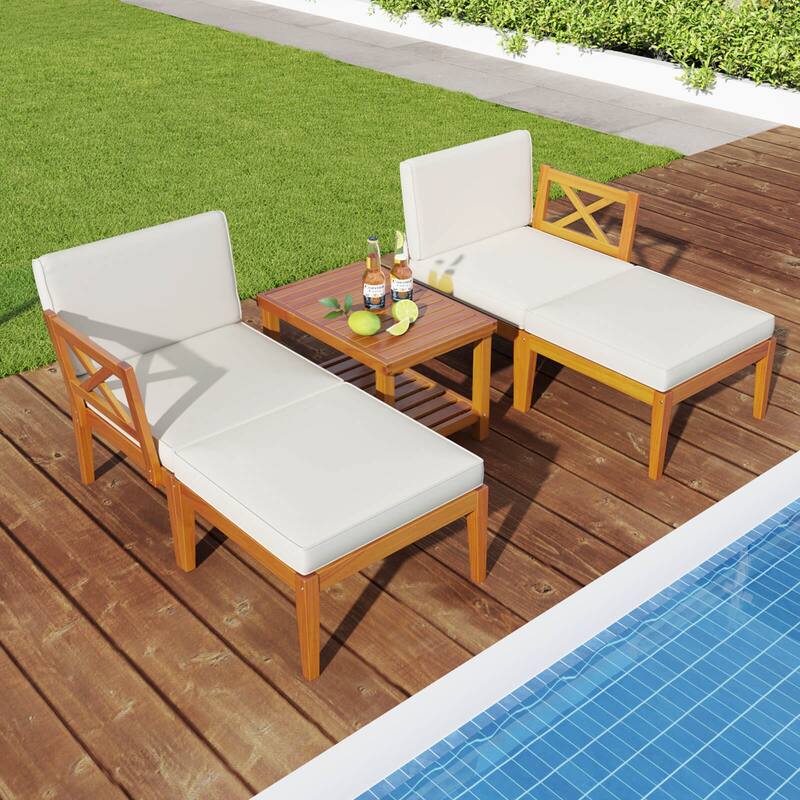 Costway 5 PCS Acacia Wood Patio Chaise Lounge Chair Set with 2-Tier - See Details - Off White+Natural - See Details
