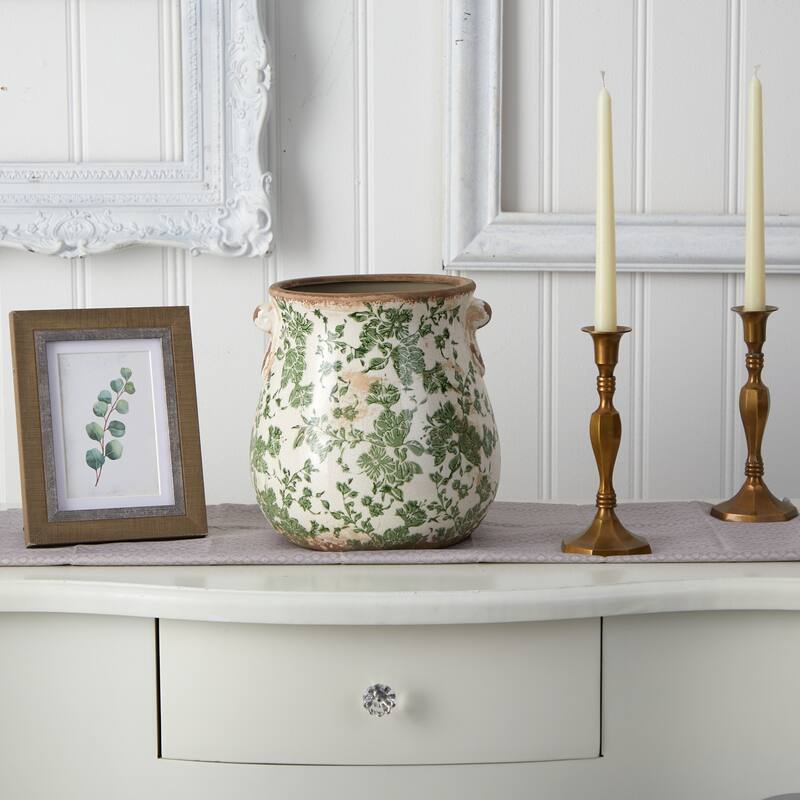 10" White and Green Tuscan Ceramic Scroll Planter