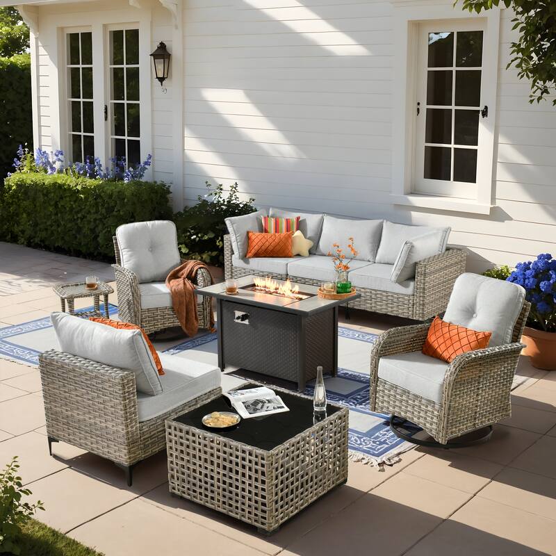 HOOOWOOO 9-piece Wicker Furniture Patio Sofa Swivel Chair Fire Pit Set - Grey