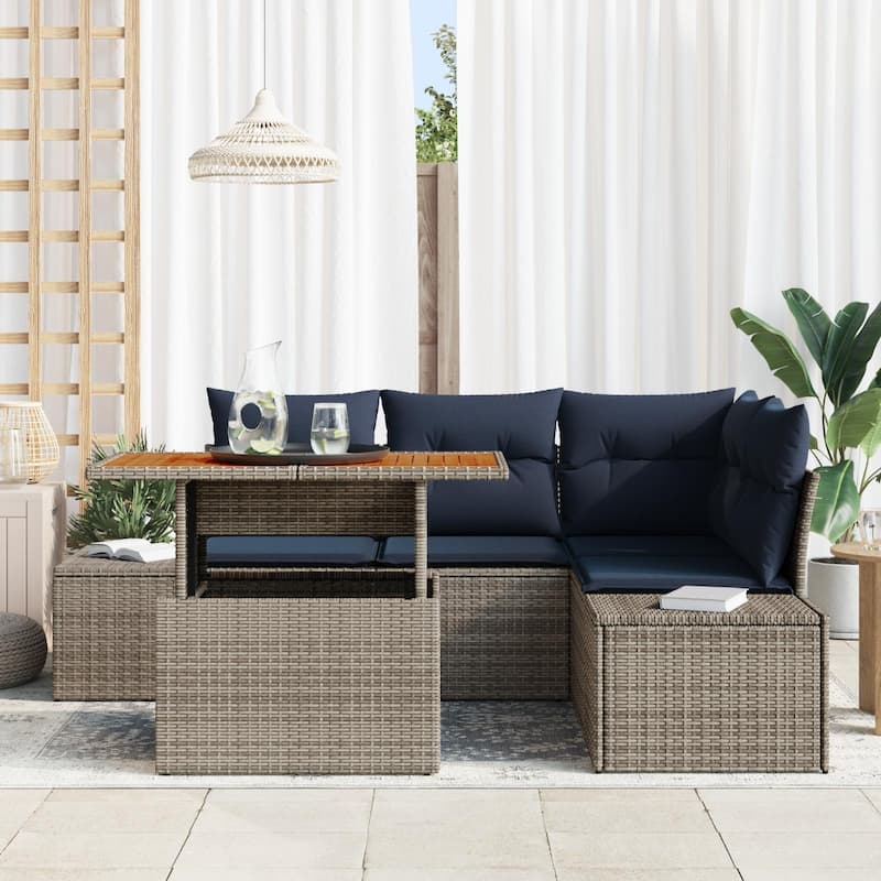 vidaXL 5 Garden Sofa Set with Cushions Black/Grey Poly Rattan - 82.3 x 60.6 x 27.2