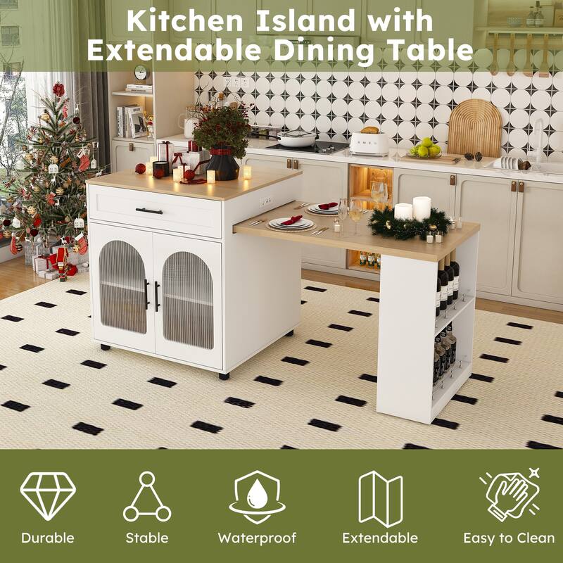 80" Expandable Kitchen Island with Dining Table with Marble-Grain Countertop with Power Outlet