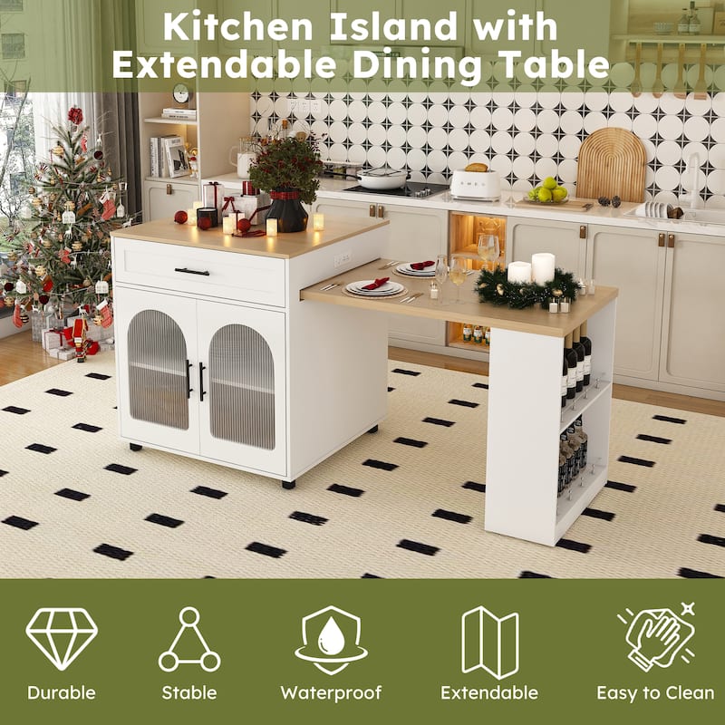 80-inch Expandable Kitchen Island with Dining Table, Marble-Grain Countertop, Mobile Storage Cart with Cabinet & 2 Drawers