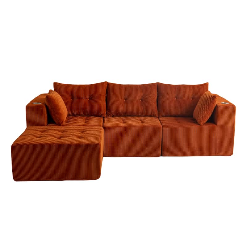 Corduroy Modular Sectional Sofa - 35.8"D x 101"W x 26.3"H - Orange