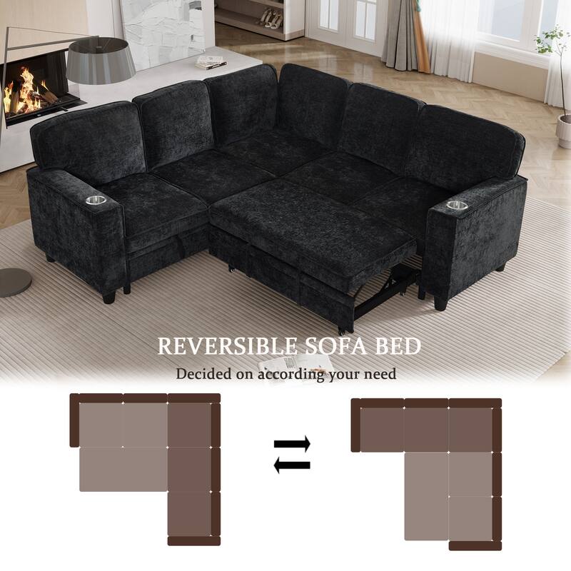 L-Shaped Sectional Sofa with Pull Out Sofa Bed, Convertible Sleeper Sofa Bed with Storage & USB Ports, Large Corner 5 Seat Sofa