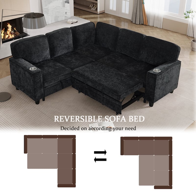 Modern Chenille L-Shaped 5-Seat Sectional Sofa Bed with Storage, USB Ports and Cup Holders for Living Room