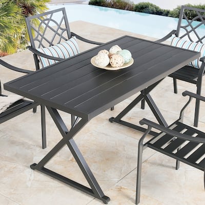 Patio Rectangle Dining Table with Umbrella Hole for Garden, Lawn, Deck