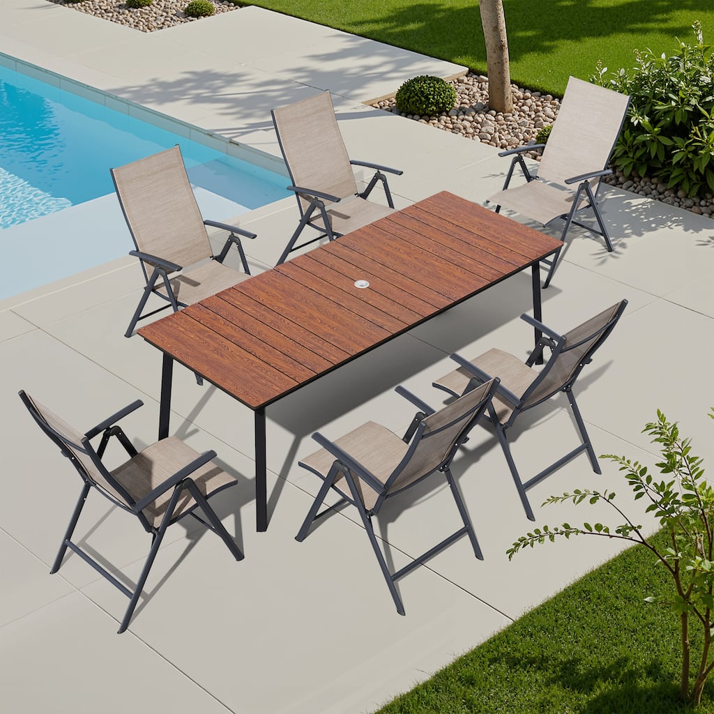 7PC Outdoor Patio Dining Set With Umbrella Hole Table Adjustable Folding Chairs - N/A