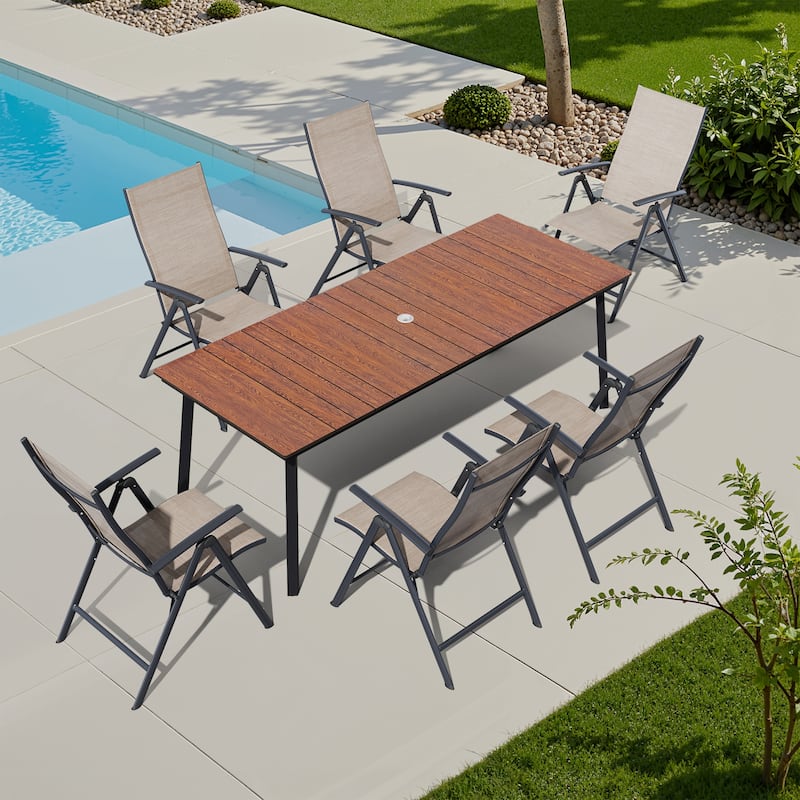7PC Outdoor Patio Dining Set With Umbrella Hole Table Adjustable Folding Chairs - N/A