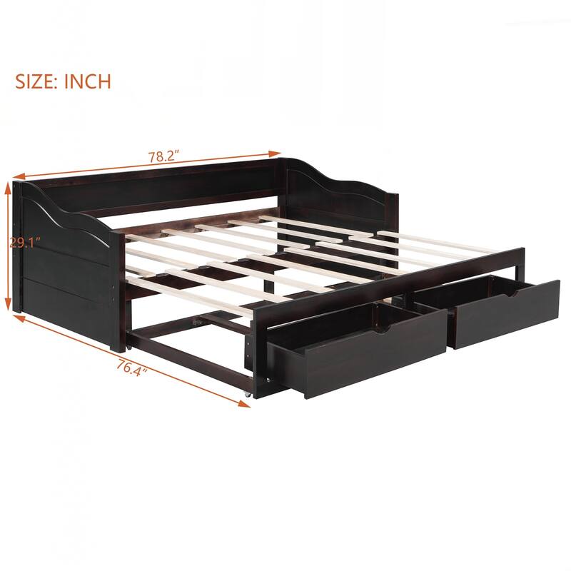 Wooden Daybed with Trundle Bed and Two Storage Drawers