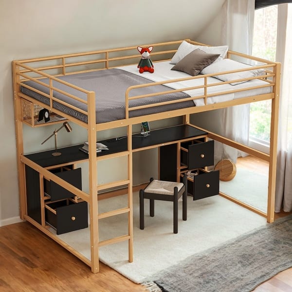 slide 2 of 28, Full Size Metal Loft Bed with Desk, Cabinets, Drawers and socket, Gold Gold