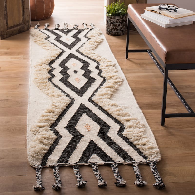 SAFAVIEH Hand-knotted Kenya Elen Southwestern Tribal Wool Rug - 2'3" x 8' Runner - Ivory/Black Blue