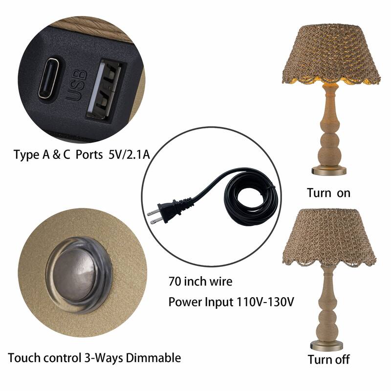 Onda 26" Rattan Table Lamp with USB 3-Way Touch Dimmer