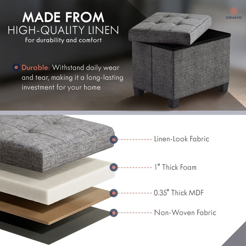 Ornavo Home Collapsible Rectangle Small Storage Ottoman with Legs - 12" x 16" x 12"