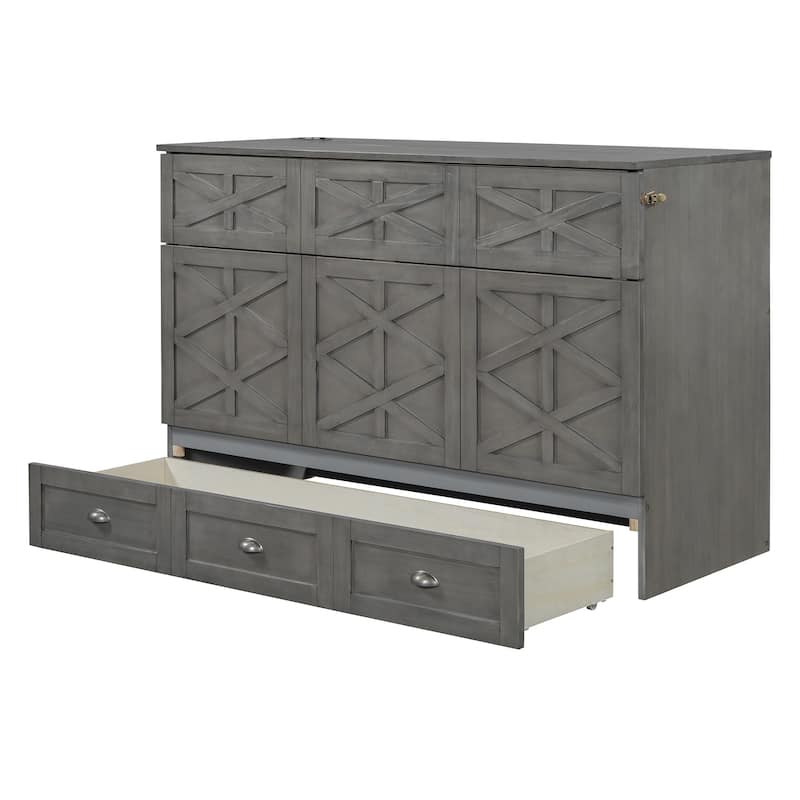 Queen Size Murphy Bed with Large Drawers - Brushed White Finish