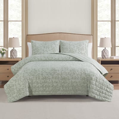 Botanical Leaves Sage All-Season Soft Luxury Chenille Jacquard Quilt Set