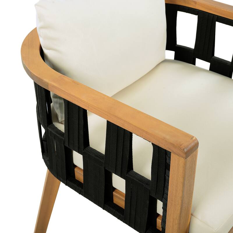 Christopher Knight Home Marrick Patio Acacia Wood Dining Chair with Cream Cushion and Black Flat Rope