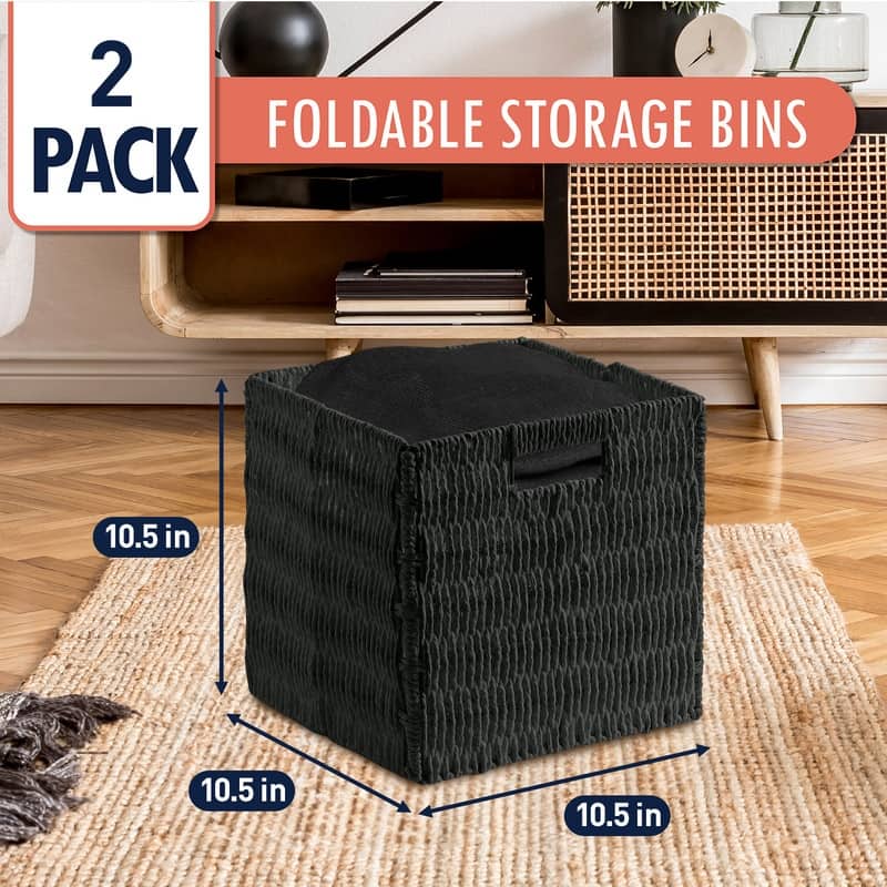 2 Pack Foldable Paper Wicker Shelf Storage Basket Cube Bin with Handles