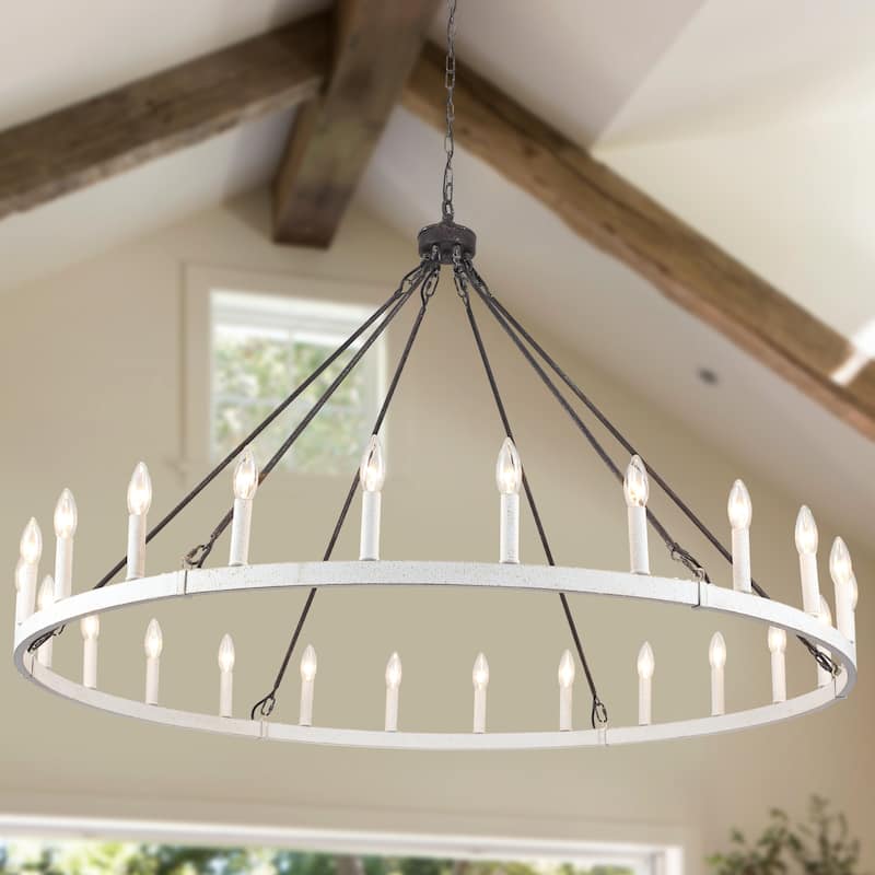 24-Light 51.97-inch Dimmable Round Wagon Wheel Chandelier for Dining Room -  Antique Brown/Distressed White