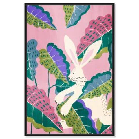 "Bunny within Leaves", Cute bunny in a colorful garden Modern Pink Framed Canvas Wall Art Print for Baby girl room