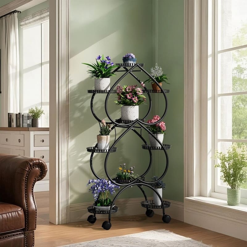 Iron Metal Plant Stand 9-Potted Flower Holder with Wheels Display Rack - 28.7x11.8x48.8 inch