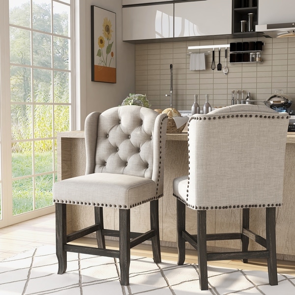 Tays Rustic Linen Tufted Counter Height Stools Set of 2 by