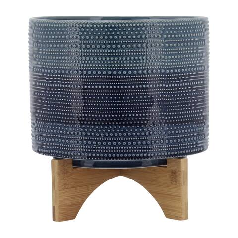 10" Dotted Planter with Wood Stand, Blue 8.0"H - 11.0" x 11.0" x 8.0"